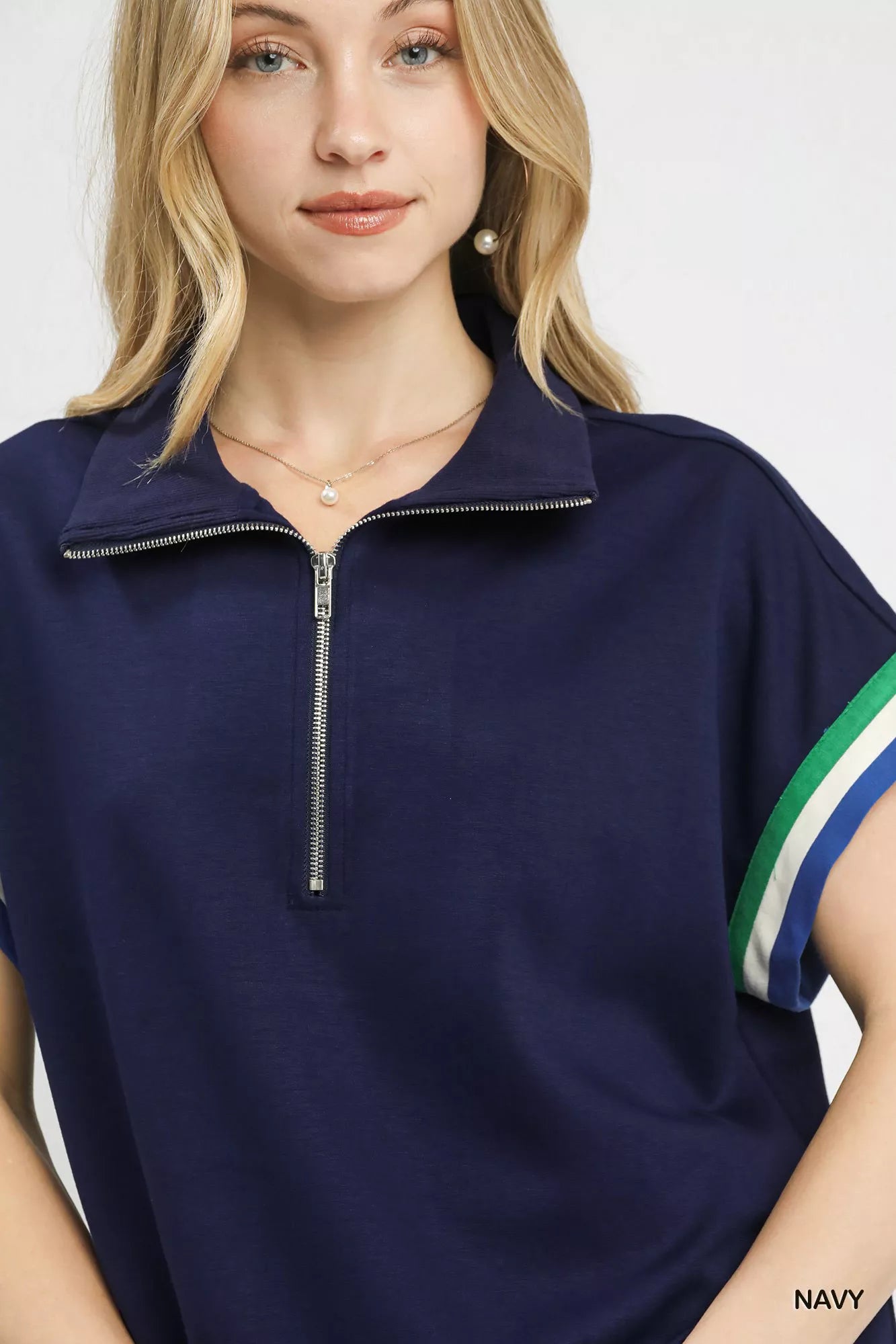Umgee Blouse Zip Front Casual Top Navy Blue with Contrast Stripe Trim 231cb386-9ea5-4272-af03-a79bd4c29078-Max-Origin Trendsi
