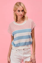 BiBi Women's Knit Top Striped Lightweight Short Sleeve Red Blue Sweater 23201d0290e34f85b0127bd7ceee29fb-Max-Origin Trendsi