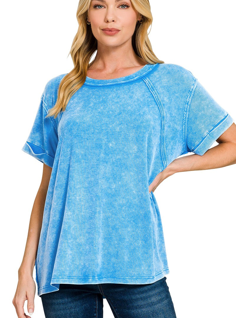 Zenana Washed Ribbed Short Sleeve Top with Cuffed Sleeves and Round Neckline