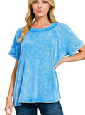 Zenana Washed Ribbed Short Sleeve Top with Cuffed Sleeves and Round Neckline