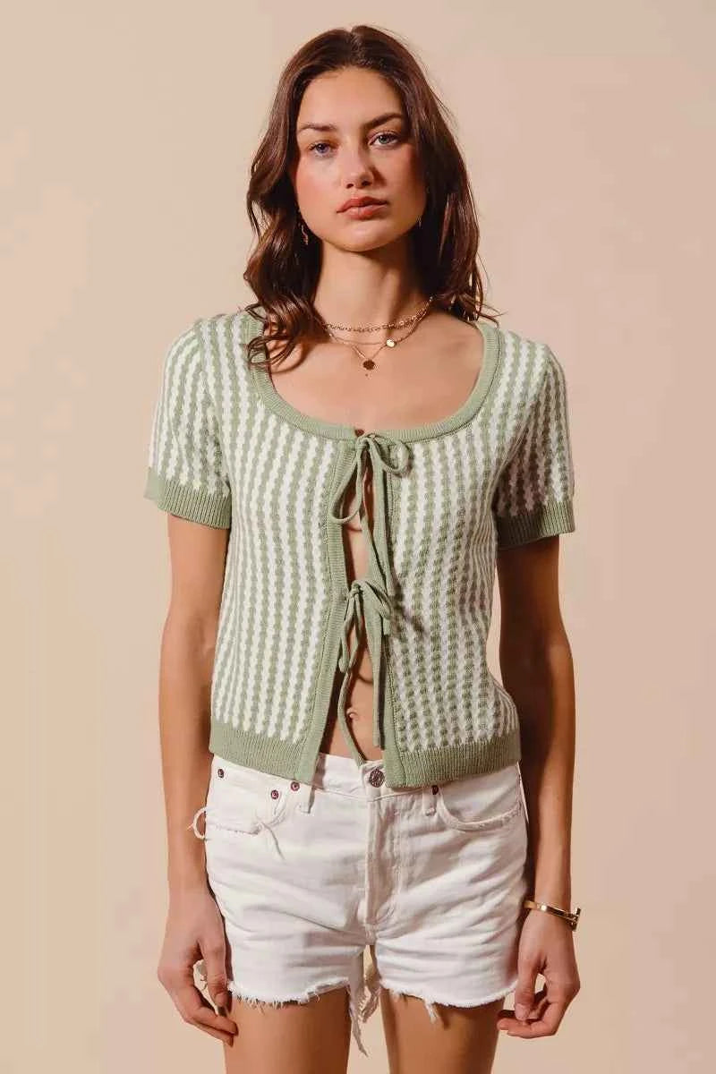 SO ME Knit Cardigan Sage Green Textured Vertical Stripe Tie Front SAGE OFF WHITE 234a0bb3-a81b-473b-9876-9195d77d2b4d-Max-Origin Trendsi