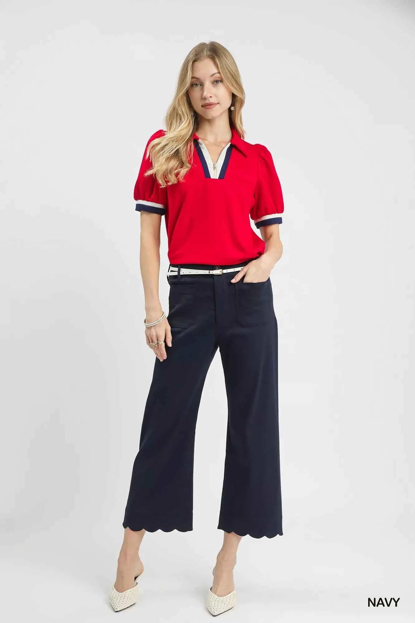Umgee Wide Leg Pants Cropped Navy Blue Scallop Hem with Front Pockets 234b4227-e848-46df-8582-ccf724467c75-Max-Origin Trendsi