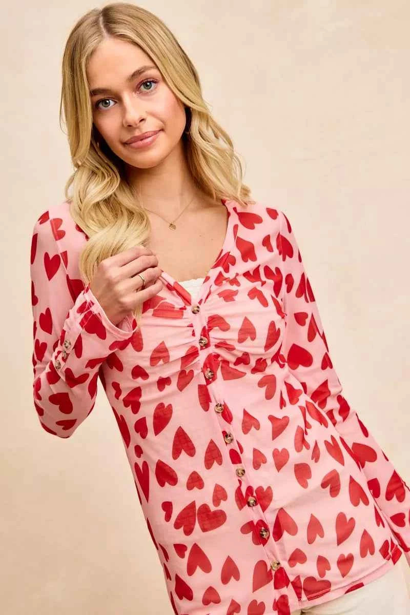 BiBi Button Down Heart Printed Mesh Shirt with Ruched Front