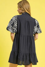 Umgee Mini Dress Cotton Dark Gray Tiered Embroidered Puff Short Sleeve 2352bcde-46aa-4047-b294-4e89e57cfa97-Max-Origin Trendsi