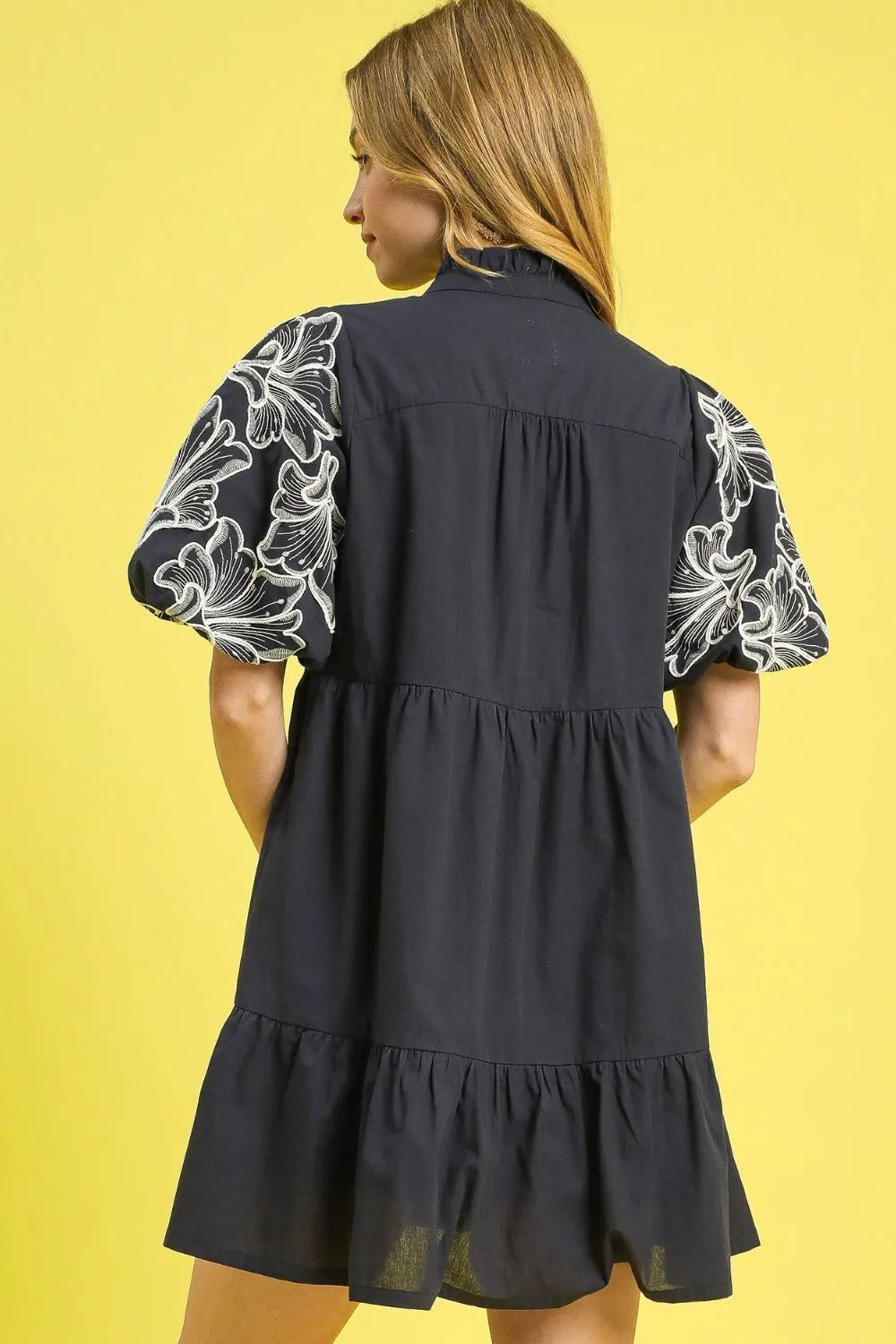 Umgee Mini Dress Cotton Dark Gray Tiered Embroidered Puff Short Sleeve 2352bcde-46aa-4047-b294-4e89e57cfa97-Max-Origin Trendsi