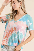BiBi T-shirt Tie Dye Print Pink Mint Circular V Neck Top Short Sleeve 2352fcc5f8484be3a9dfc7de3ed2bea5-Max-Origin Trendsi