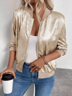 Women's Jacket Gold Metalic Lightweight Zip Up Long Sleeve Outwear 235f8513153648d0870903d32a788b67-Max-Origin Trendsi