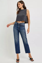 RISEN Womens Jeans Cropped High Rise Slim Barrel Raw Hem Dark Wash 236548b7be694d3cb68932df79c24f2f-Max-Origin Trendsi