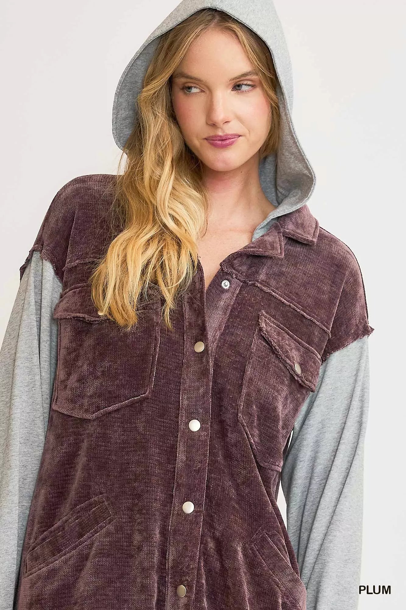 Umgee Womens Hooded Chenille Jacket Plum Gray Contrast Long Sleeves 2369b3e7-47da-4050-a818-4f8b984f6ada-Max-Origin Trendsi