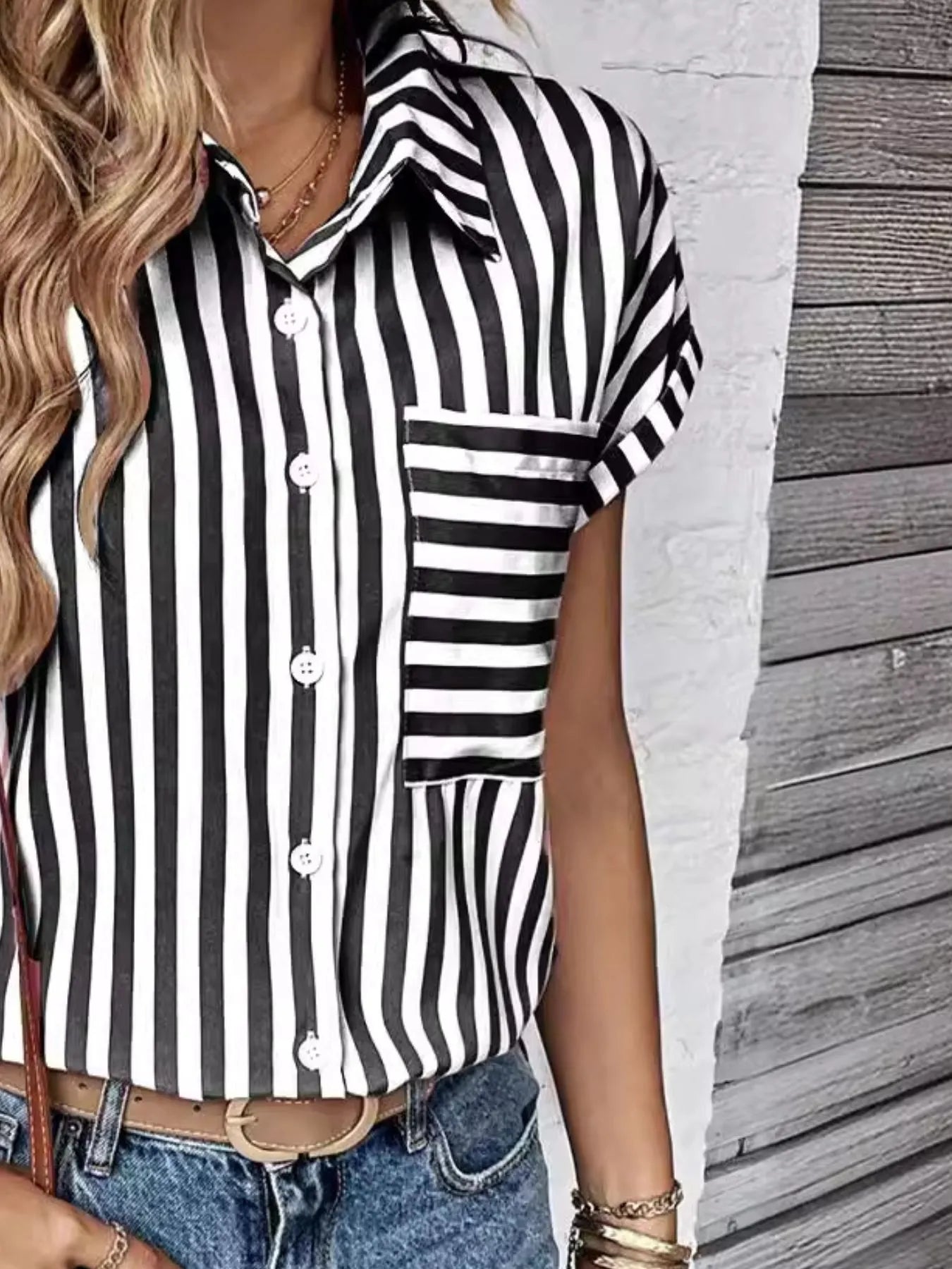 Women's Shirt Striped Short Sleeve Top with Pocket Black 236b1c49-593c-4186-a074-654cc49b5edd-Max-Origin Trendsi