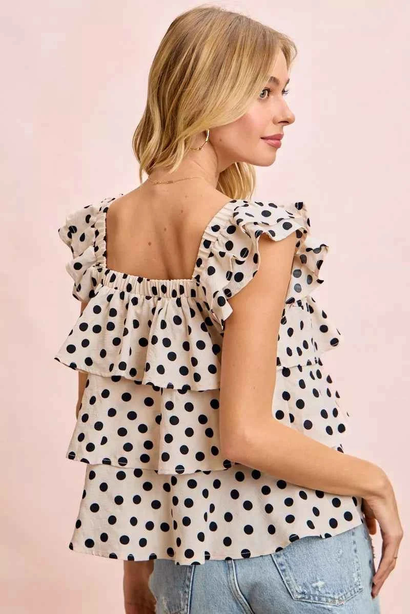 BiBi Polka Dot Ruffled Bow Tied Square Neck Sleeveless Top