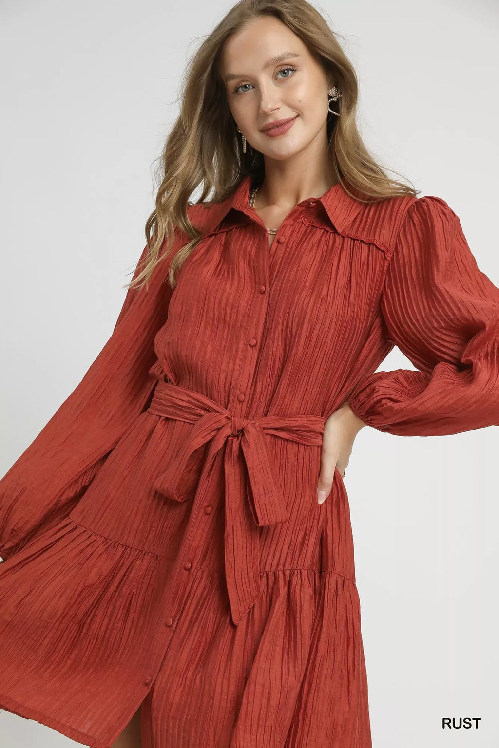Umgee Mini Shirt Dress Crinkle Rust Button-Front Tiered with Waist Tie 2377b59e-2b64-4401-a6f8-d45c8d135781-Max-Origin Trendsi
