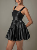 Ruched Black Mini Dress Square Neck Wide Strap Ruffle High Waisted Black 23785697-f5ae-46f3-bcc0-147e311c4dad-Max Trendsi