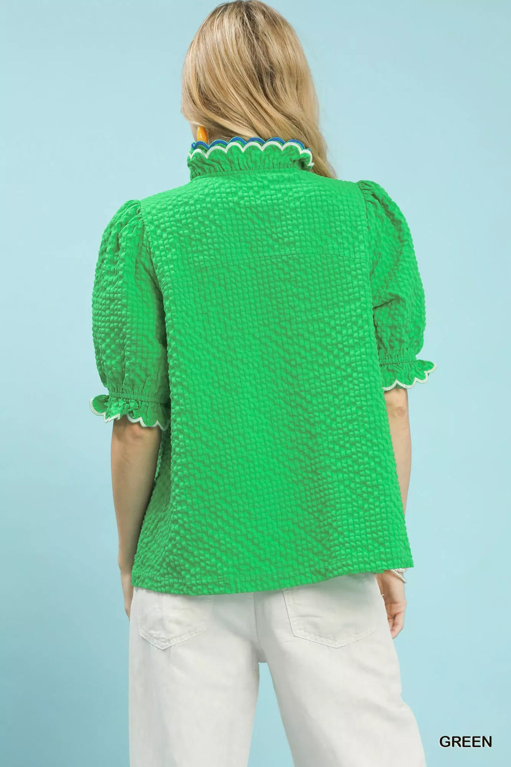 Umgee Womens Blouse Green Textured Puff Short Sleeve Top with Scalloped Trim 2378785f-dda8-43e6-ab05-06dd2969e222-Max-Origin Trendsi