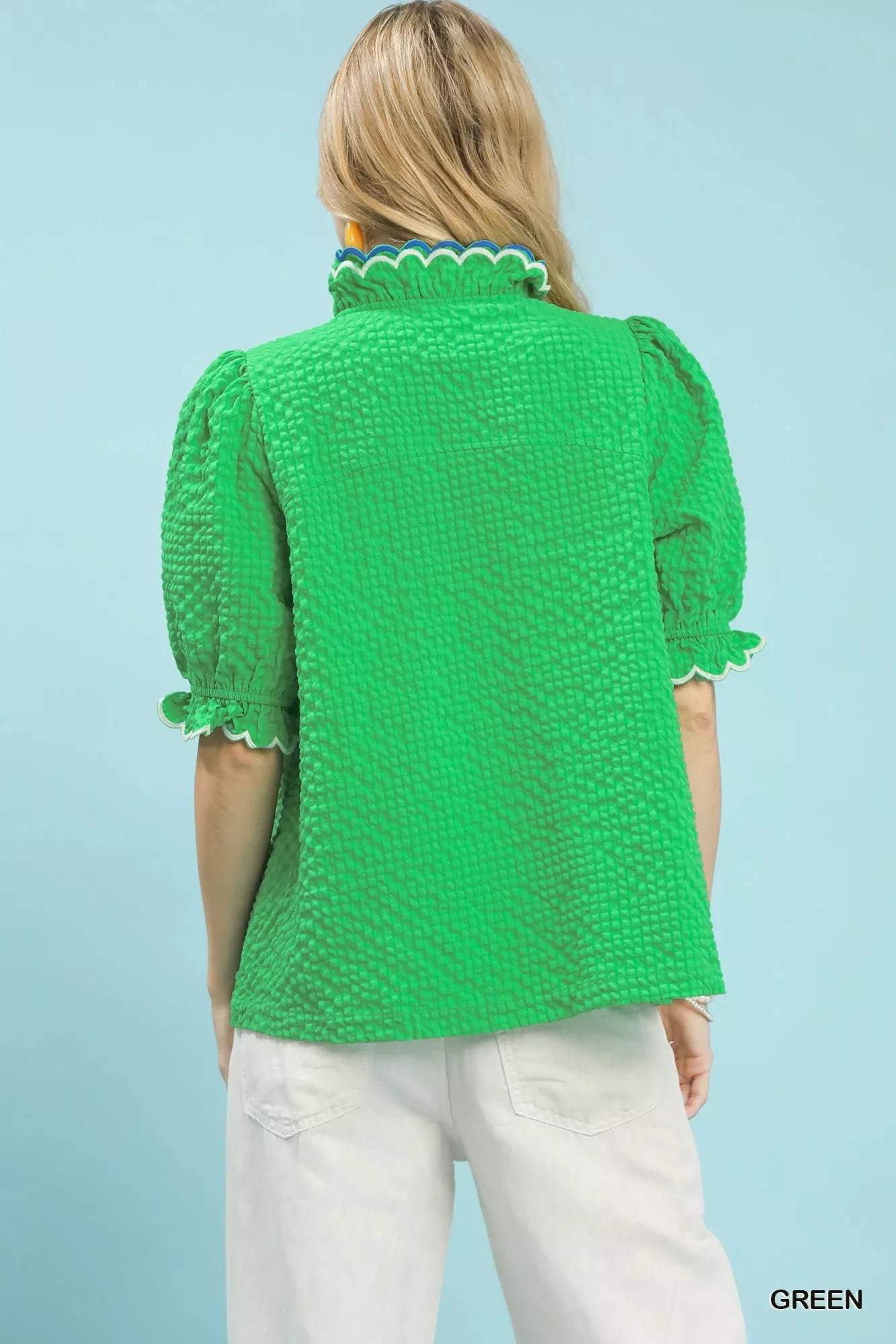 Umgee Womens Blouse Green Textured Puff Short Sleeve Top with Scalloped Trim 2378785f-dda8-43e6-ab05-06dd2969e222-Max-Origin Trendsi
