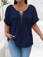 Plus Size Ribbed Half-Zip Relaxed Fit T-Shirt