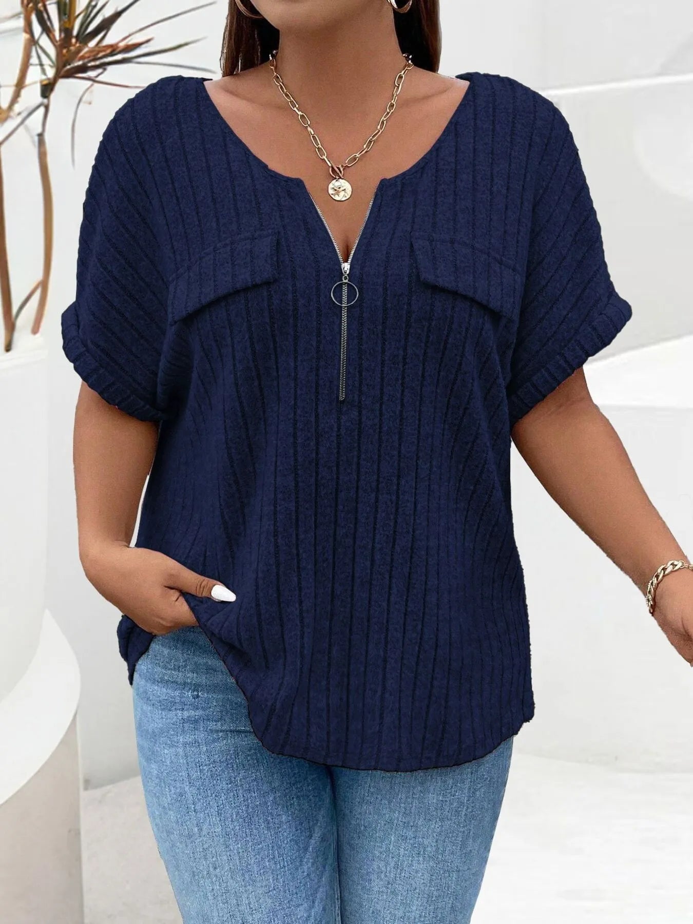 Plus Size Ribbed Half-Zip Relaxed Fit T-Shirt