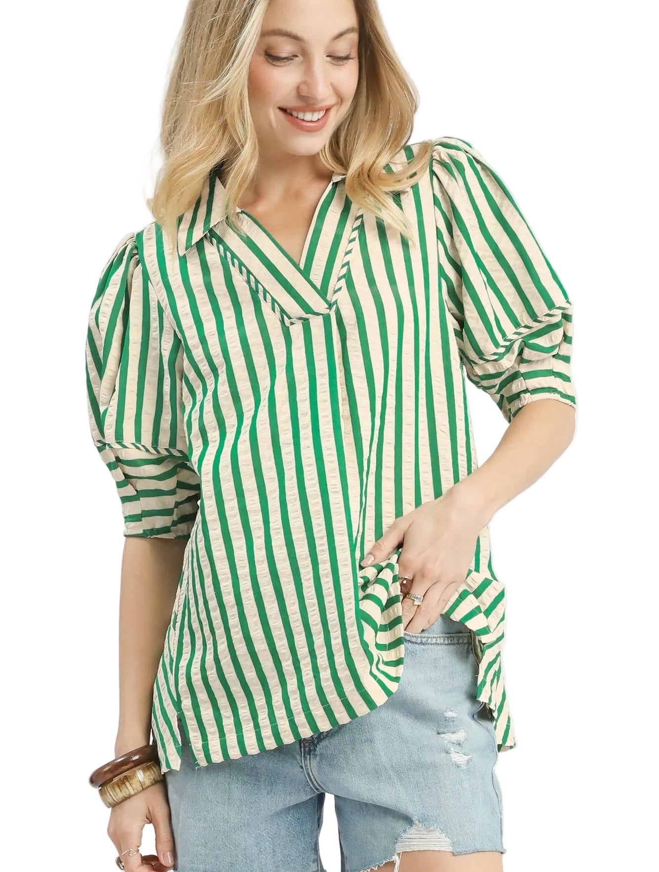 Umgee Striped Puff Sleeve Blouse with Vertical Stripes, V-Neck, and Wide Collar Detail