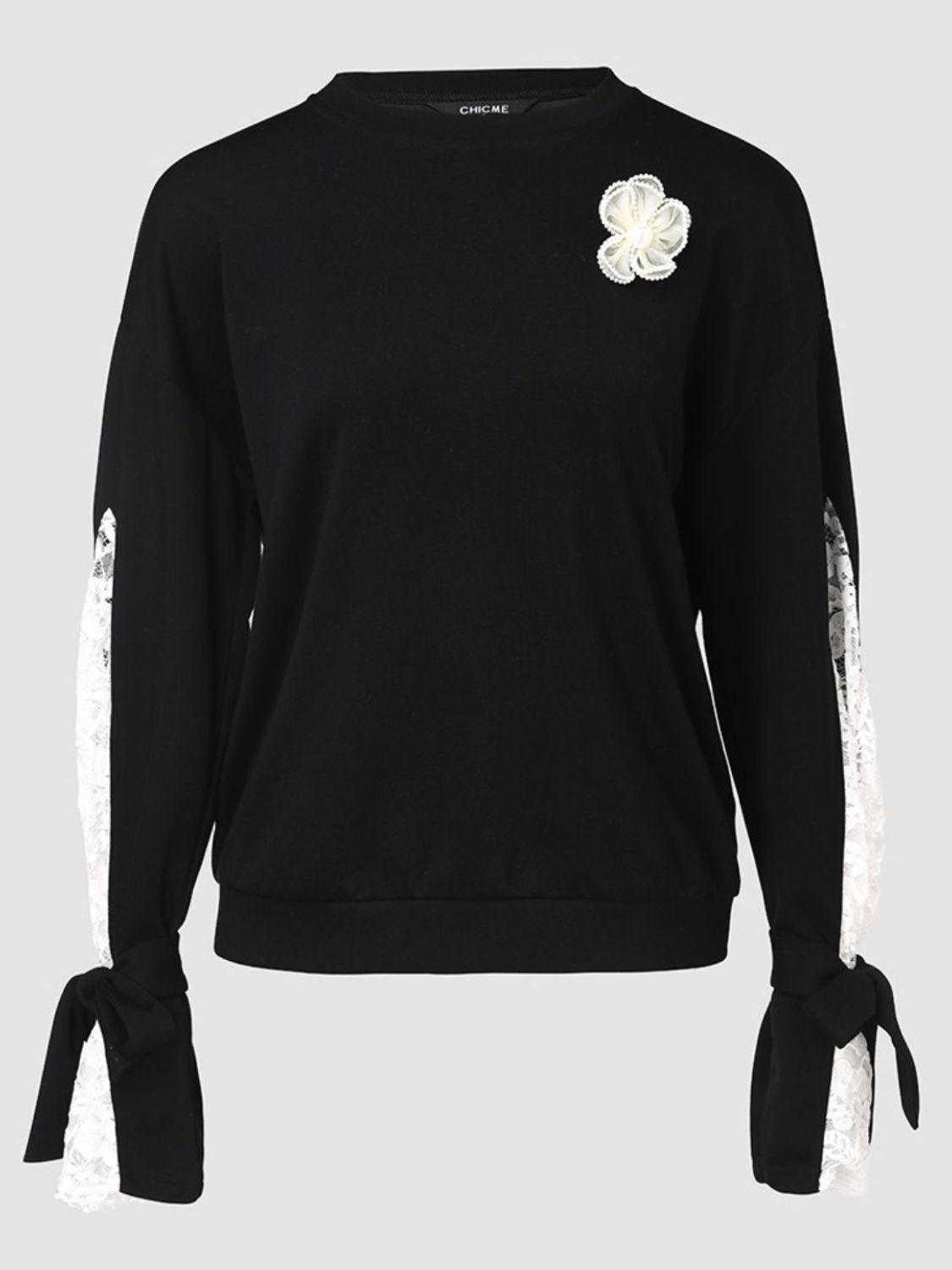 Black Sweatshirt Lace Detail Tied Cuff Long Sleeve Top