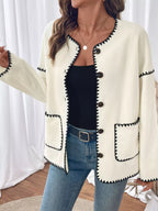 Women's Jacket Cream Contrast Trim Button Up Pocketed Outwear 2382bbf5-18fd-4765-8eb3-cb330f3068fc-Max-Origin Trendsi