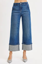 RISEN Women's Cuffed Jeans Ankle Wide Rhine Stone Dark Washed Denim 2384cb169f834868b660685a68066d4e-Max-Origin Trendsi