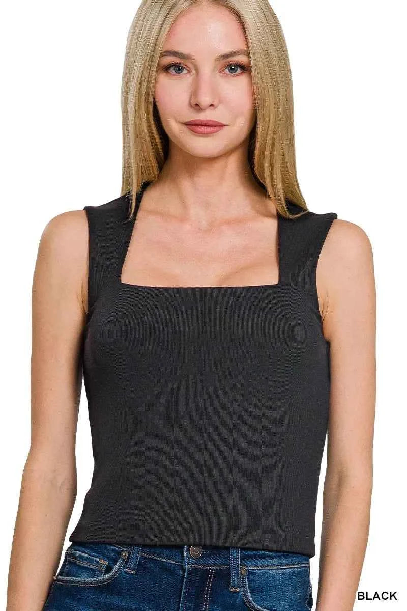 Zenana Tank Top Black Ribbed Seamless Double Layered Square Neck 2385f7a61615488381aa12cb0ca6e791-Max-Origin Trendsi