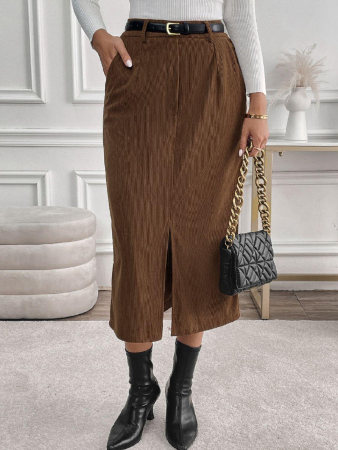 Midi Skirt Brown Perfee Front Slit with Pockets 238beddb-64a4-411c-825e-2ae4b3e11fad-Max Trendsi