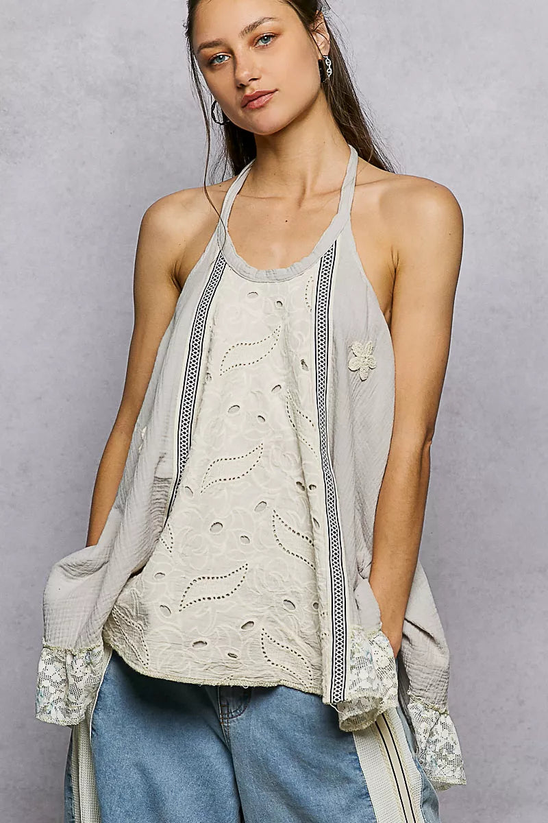 POL Lace Ruffle Halter Neck Double Gauze Top with Crochet Patch 23974969-0925-4da6-82bb-6363d8da46ea-Max-Origin Trendsi