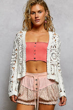 POL Crochet Cropped Cardigan Off White Womens V-Neck Long Sleeve 2397b85f-ae3f-482b-9cdd-3859101d2fdf-Max-Origin Trendsi