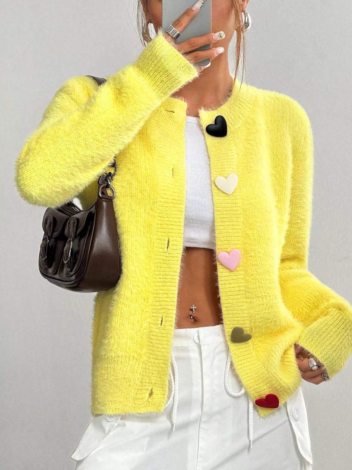 Women's Cardigan Yellow Soft Fuzzy Heart Button Long Sleeve 2399ca66-89df-4260-bc50-540d62b36764-Max-Origin Trendsi