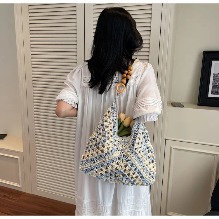 Women's Beach Crochet Shoulder Bag Medium Wave Knit Woven Blue Handbag
