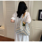 Women's Beach Crochet Shoulder Bag Medium Wave Knit Woven Blue Handbag