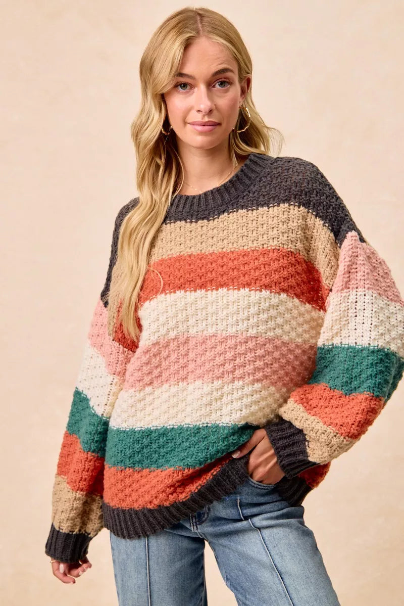 BiBi Womens Sweater Stripes Color Block Chunky Knit Oversized 23a14128cd084fb091ab99c6b0c02cb3-Max-Origin Trendsi