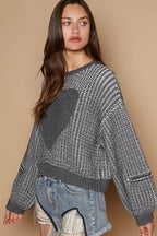 POL Sweater Round Neck Heart Patch Zipper Point Sleeve Pullover 23b1c506-b9a7-4c05-9c40-8d1302ccb6bd-Max Trendsi