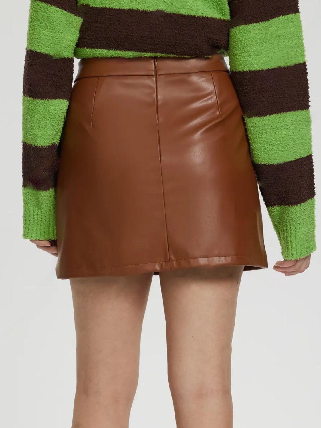 Mini Skirt Faux Leather Zipper A-Line Solid Basic Style 23b9506d-09a1-4d52-92ae-fd563e037408-Max Trendsi