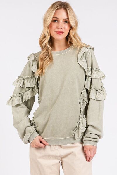 Mittoshop Ruffled Sweatshirt Sage Mineral Washed Round Neck Long Sleeve Sage
