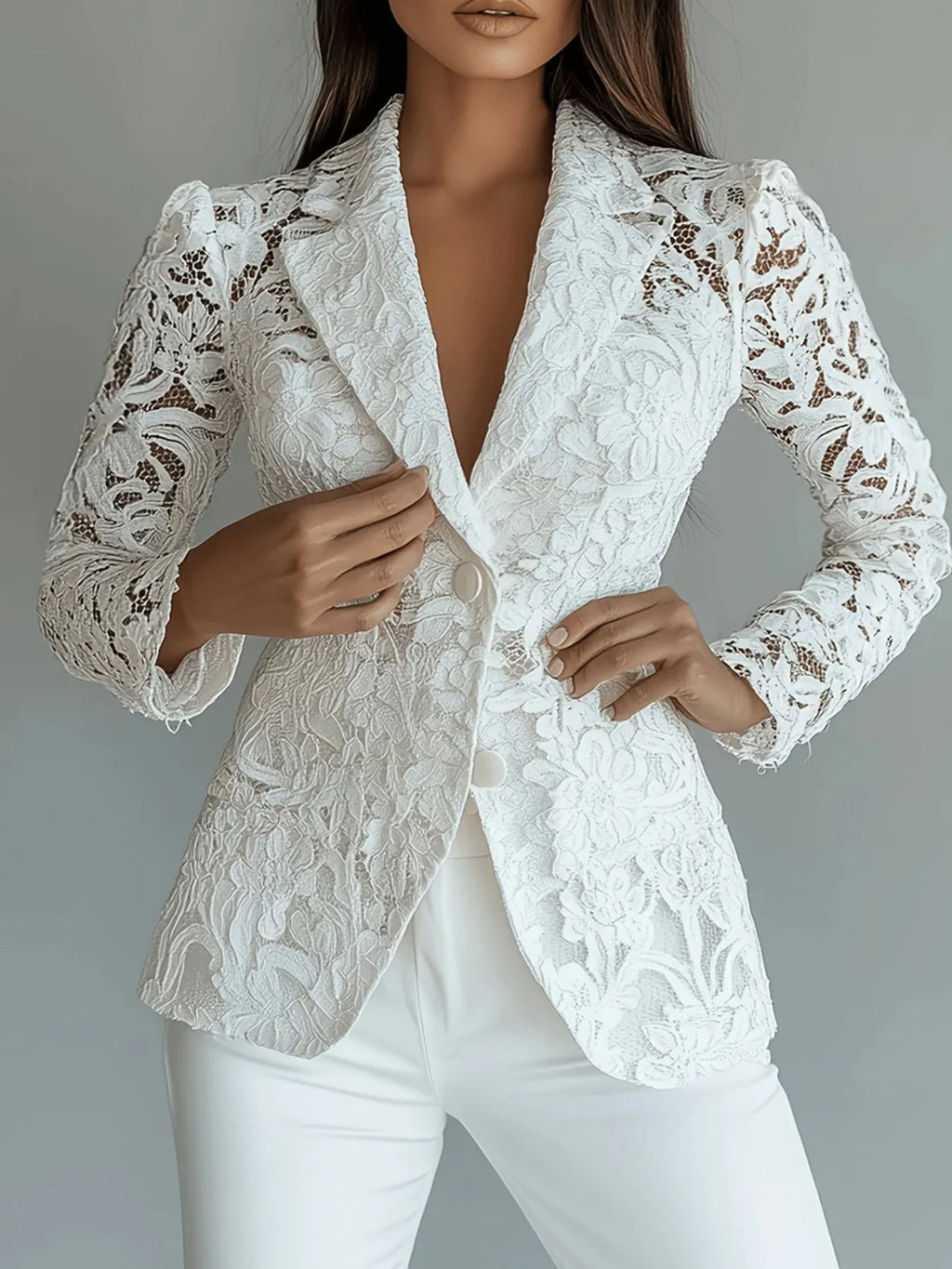 Women's Blazer White Floral Pattern Lace Single-Breasted Long Sleeve White 23bcb609bd884a0fa4dae5afd0e84cec-Max-Origin Trendsi