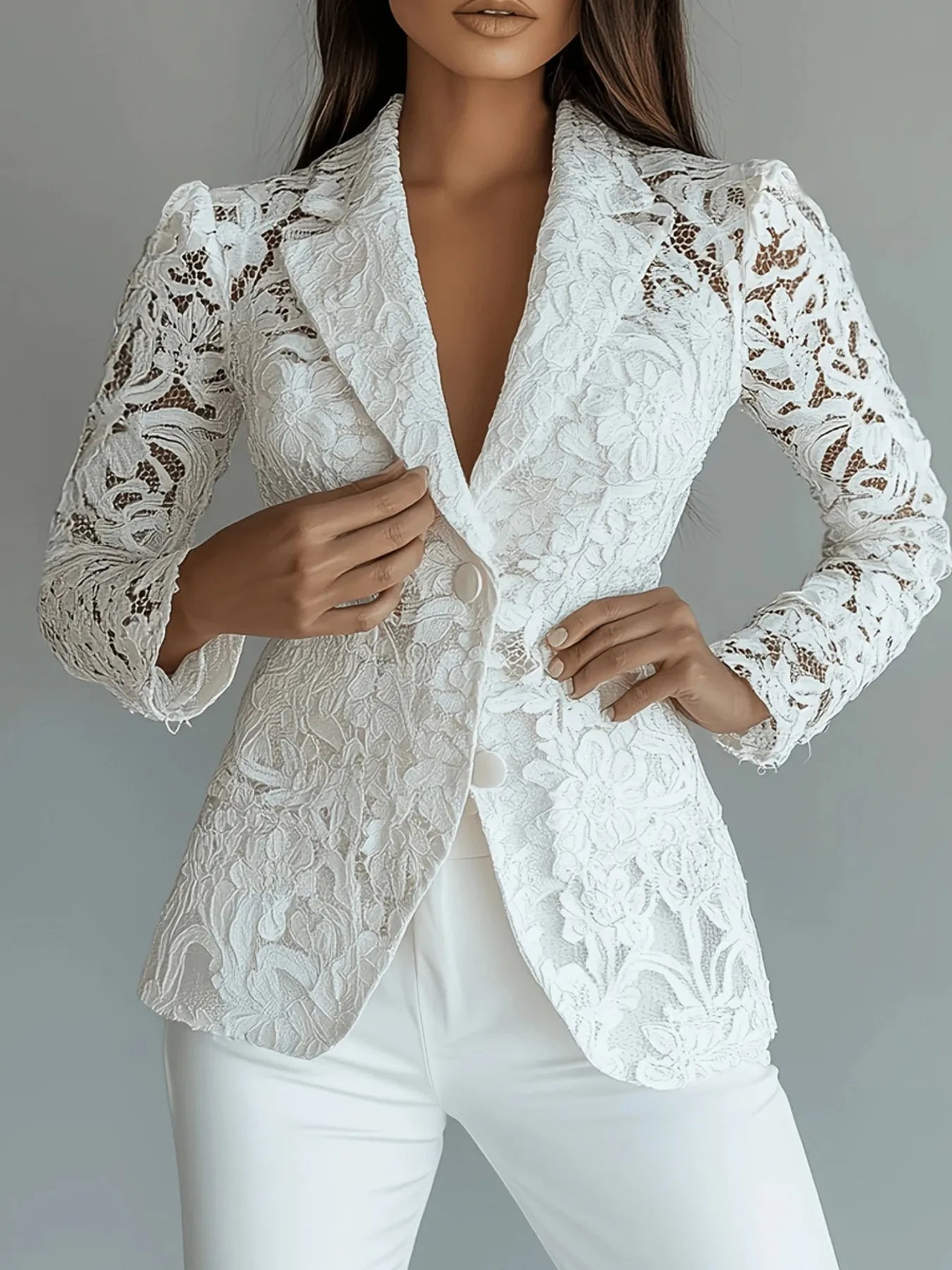 Women's Blazer White Floral Pattern Lace Single-Breasted Long Sleeve White 23bcb609bd884a0fa4dae5afd0e84cec-Max-Origin Trendsi