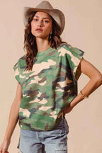 SO ME Camouflage Print T-shirt Dolman Soft Sweater Short Sleeve Top 23c889470da94c248dce0c88675f7984-Max-Origin Trendsi