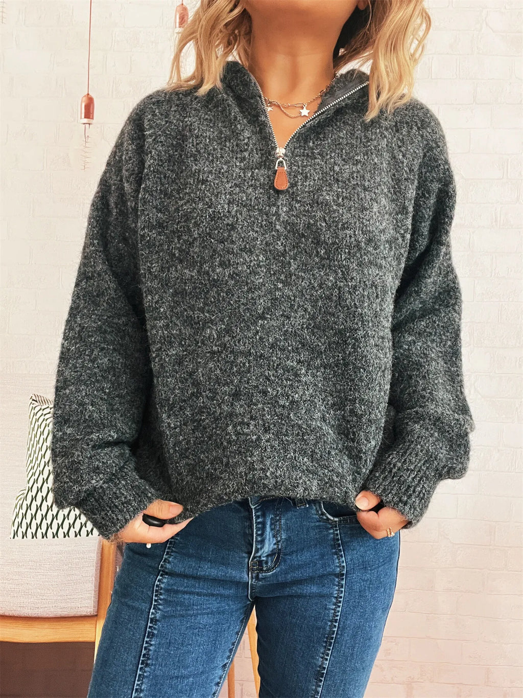 Women's Sweater Quarter Zip Hooded Ribbed Hem Long Sleeve Knitwear 23ccee273f5348408808ccbf15a2eb5f-Max-Origin Trendsi