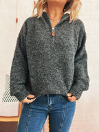 Women's Sweater Quarter Zip Hooded Ribbed Hem Long Sleeve Knitwear 23ccee273f5348408808ccbf15a2eb5f-Max-Origin Trendsi
