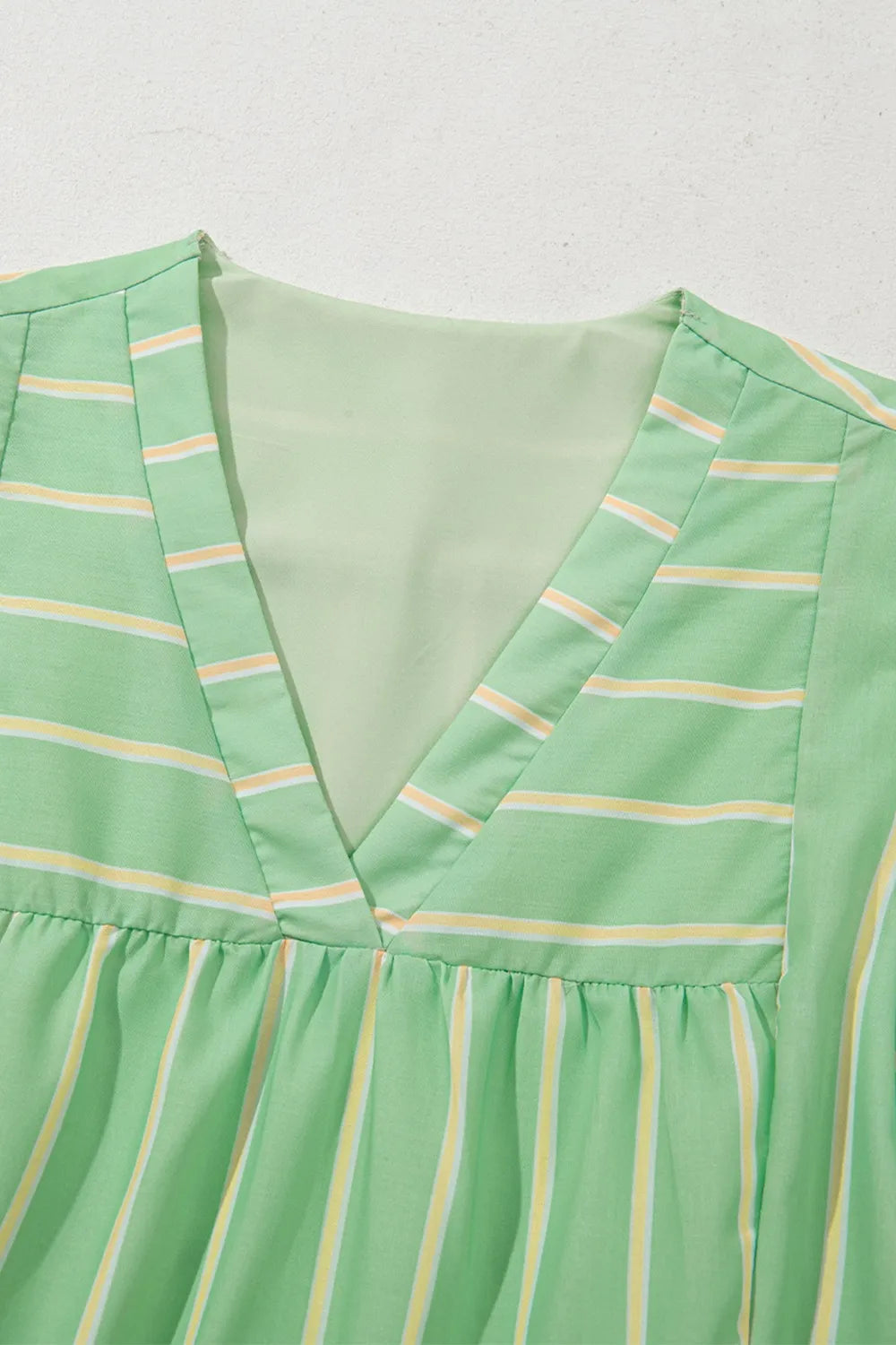 Ruffle Dress Stripe V Neck Green Short Sleeve Frilled Detail 23cfaf9c-70d3-4421-8f3b-2de1a4118f2d-Max-Origin Trendsi