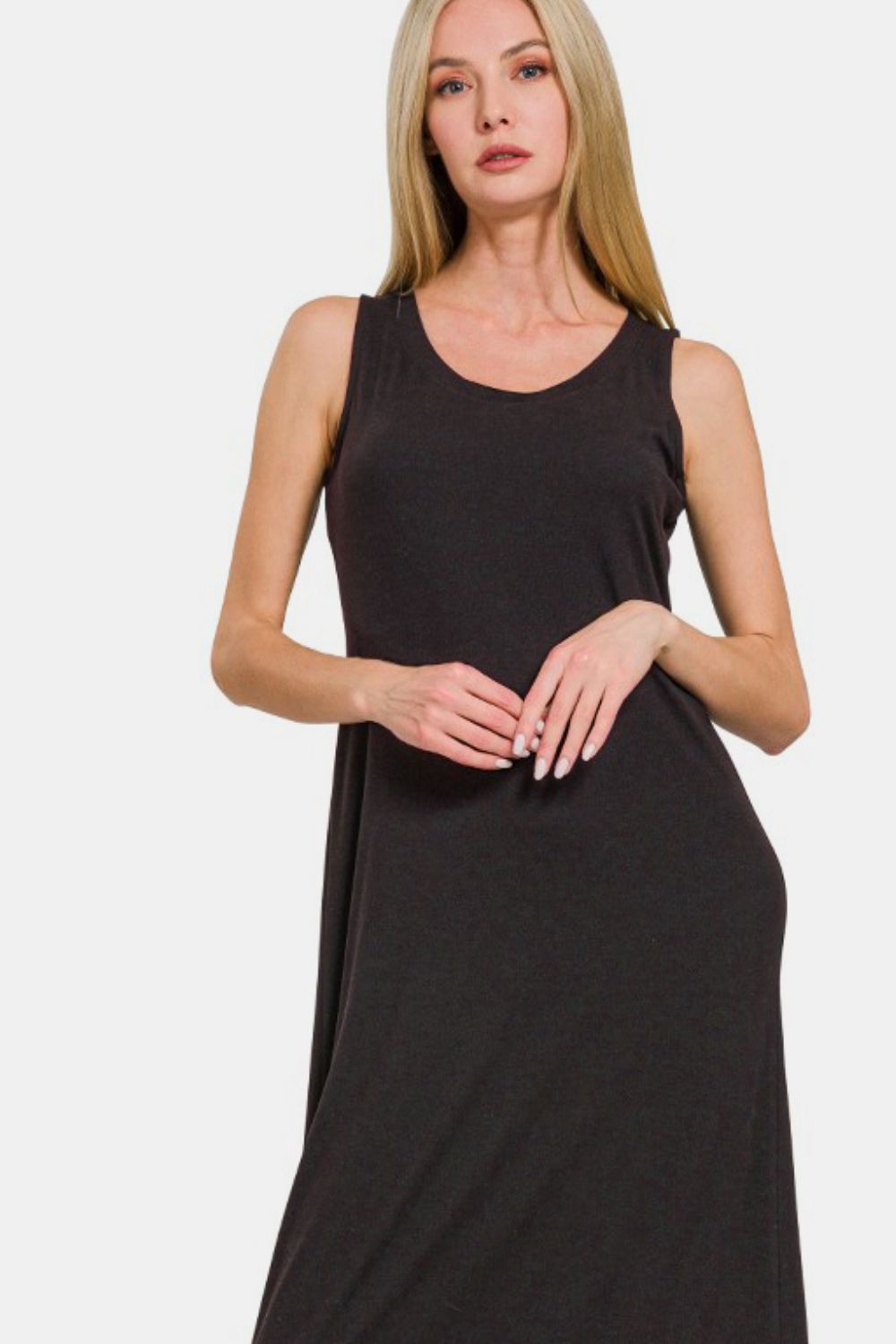 Zenana Black Midi Dress Scoop Neck Wide Strap Tank Solid Long Dress