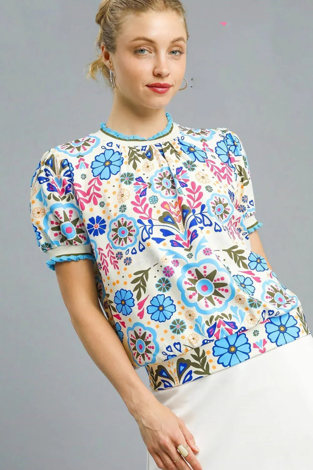 Umgee Blouse Pastel Blue Floral Retro Printed Puff Short Sleeve Top 23d2d606-939b-4ff6-ab2e-e548b30990ba-Max-Origin Trendsi