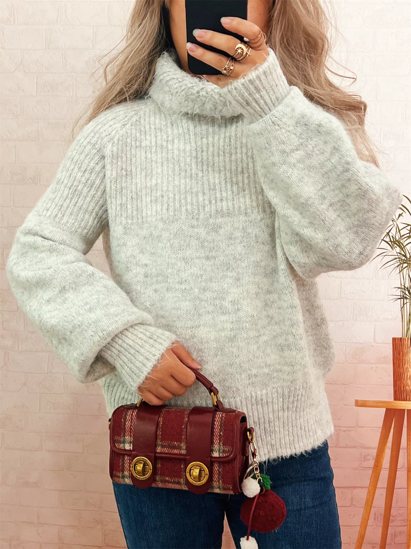 Women's Sweater Ribbed Knit Turtleneck Long Sleeve Pullover Light Gray One Size 23e563c6c63b447c8fc71fa93e117dcf-Max-Origin Trendsi