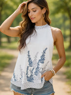 Women's Cami Top White Floral Print Halter Neck Bow Tie Back Blouse White 23e5c99e-82cf-4585-a8bd-6c6d13bf741e-Max-Origin Trendsi