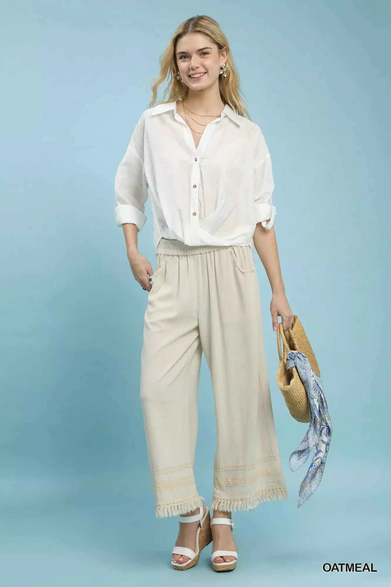 Umgee Wide Leg Linen Pants Lace Trim Fringe Hem Elastic Waist 23e8d411-15f0-40f0-876d-d74052727be1-Max-Origin Trendsi