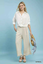 Umgee Wide Leg Linen Pants Lace Trim Fringe Hem Elastic Waist 23e8d411-15f0-40f0-876d-d74052727be1-Max-Origin Trendsi