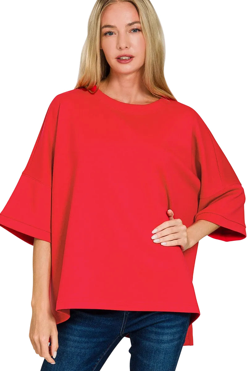 Zenana Scuba Fabric Round Neck Top with Side Slits