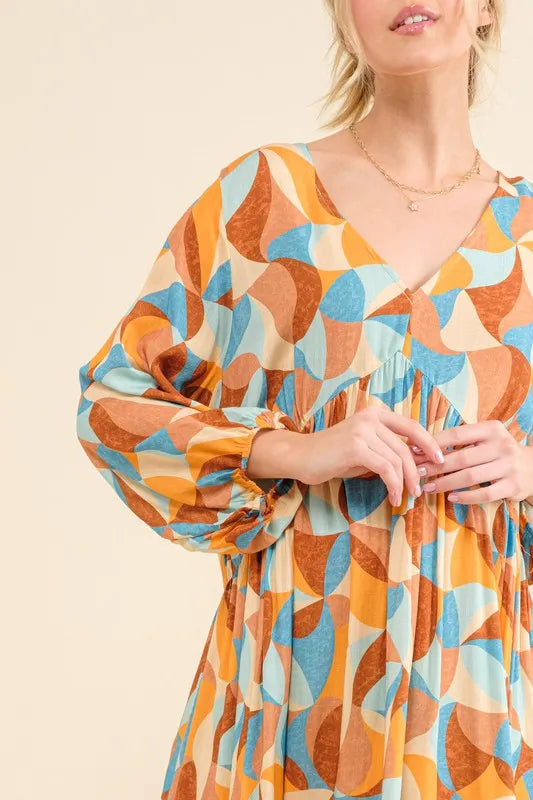 And The Why Mini Dress Geometric Colorful Printed Open Back Puff Sleeve 23f1a2cfa03b4b11b23013131305ff4e-Max-Origin Trendsi